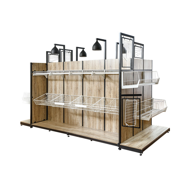 Premium Double-Sided Display Stand with Wood Grain Back Panel and Hanging Basket - Snack and General Merchandise Display Rack