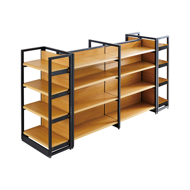Double-sided steel and wood combination shelving unit for supermarkets
