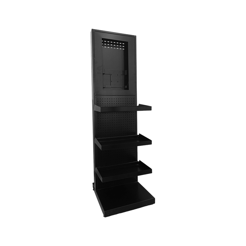 Beauty store boutique display rack, with screen space + shelf, skincare product display rack.