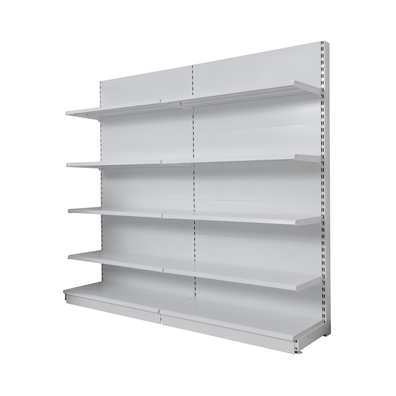 Standard, white, single-sided snack and convenience store shelves, supermarket shelves