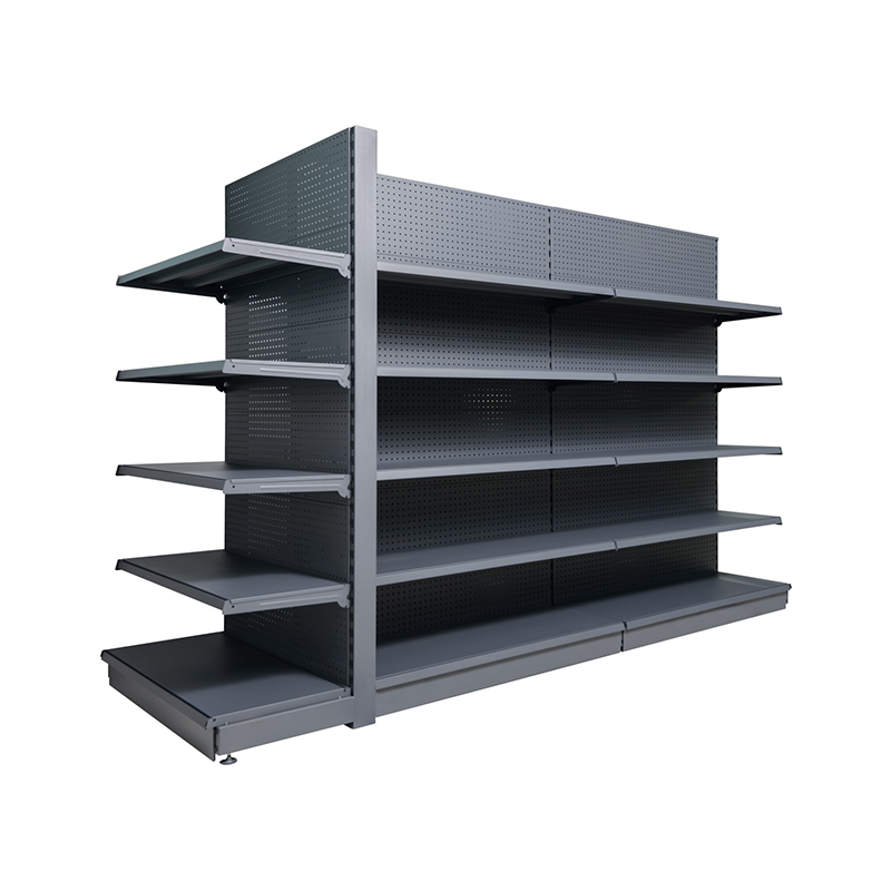 Double-sided supermarket shelves with thickened perforated back panels; convenience store island display racks