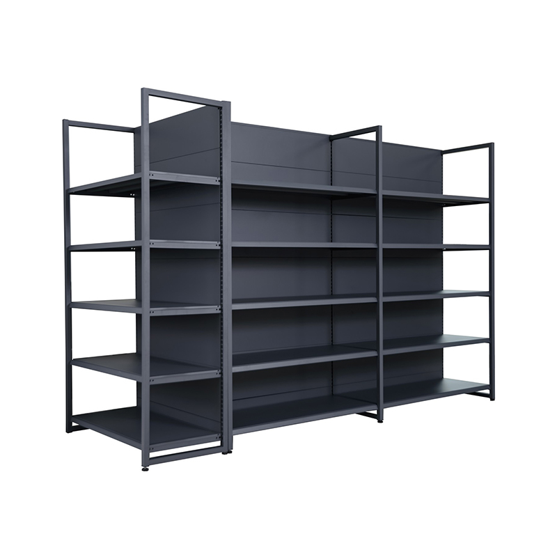 Four-post double-sided shelf, flat back panel, convenience store snack display rack